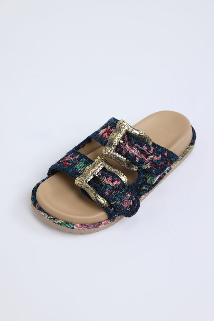 Engraved Buckle Floral Sandals