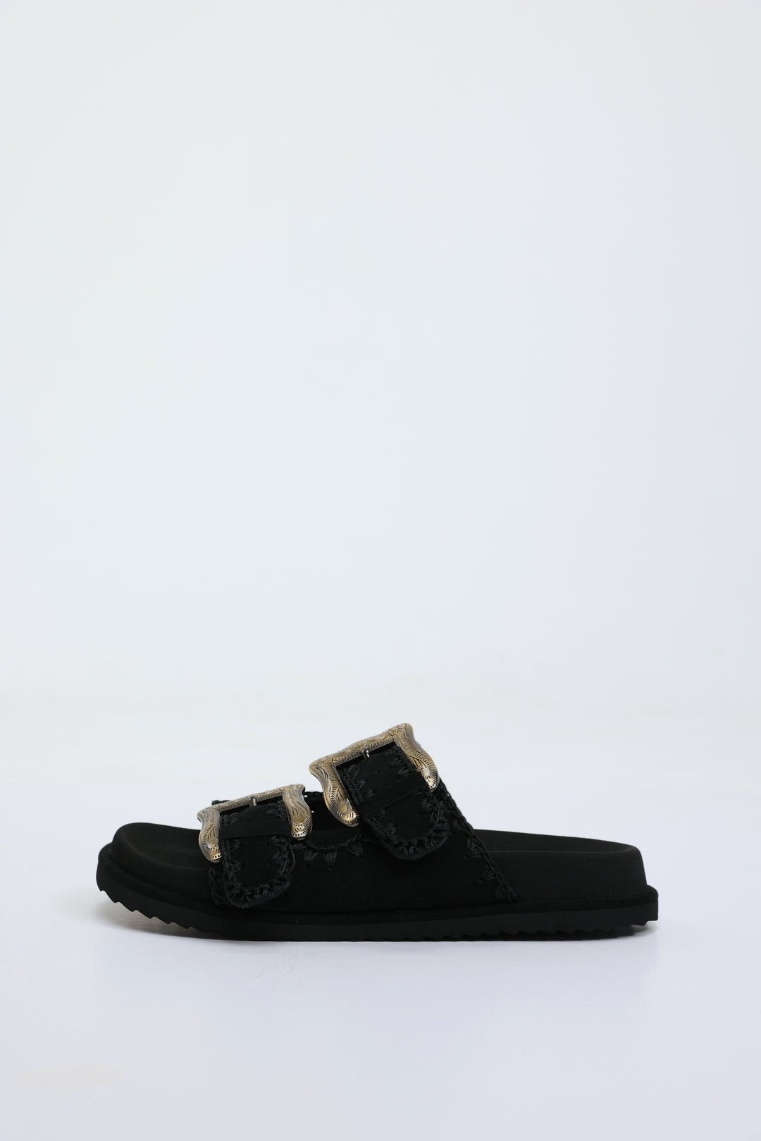 Engraved Buckle Black Sandals