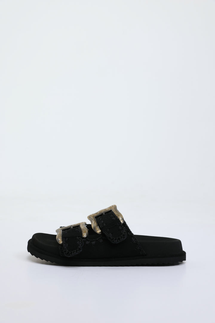 Engraved Buckle Black Sandals