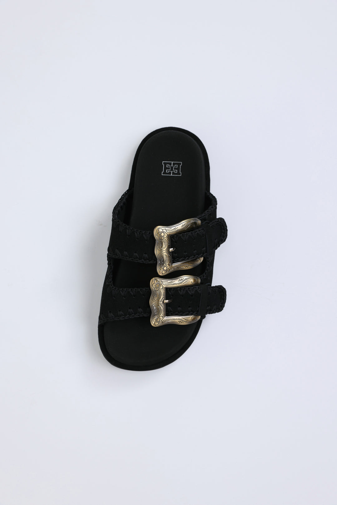 Engraved Buckle Black Sandals