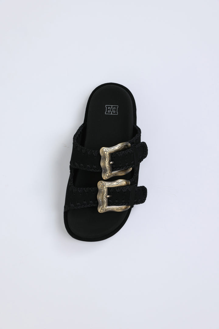 Engraved Buckle Black Sandals