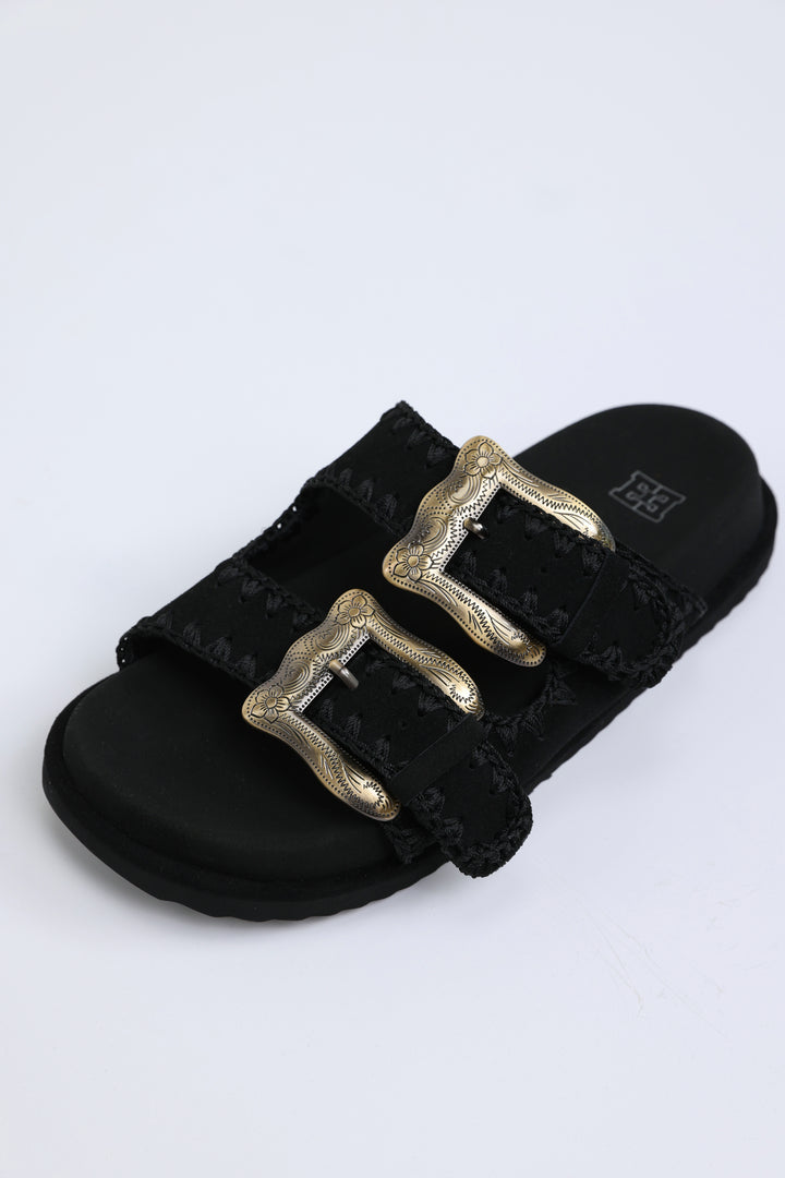 Engraved Buckle Black Sandals