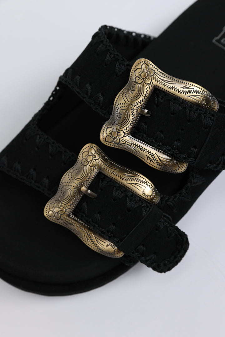 Engraved Buckle Black Sandals