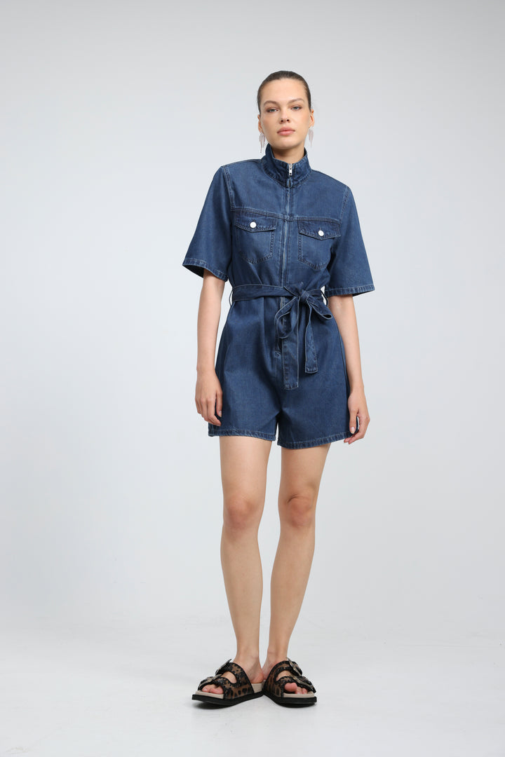 Soft Blue Short Denim Jumpsuit