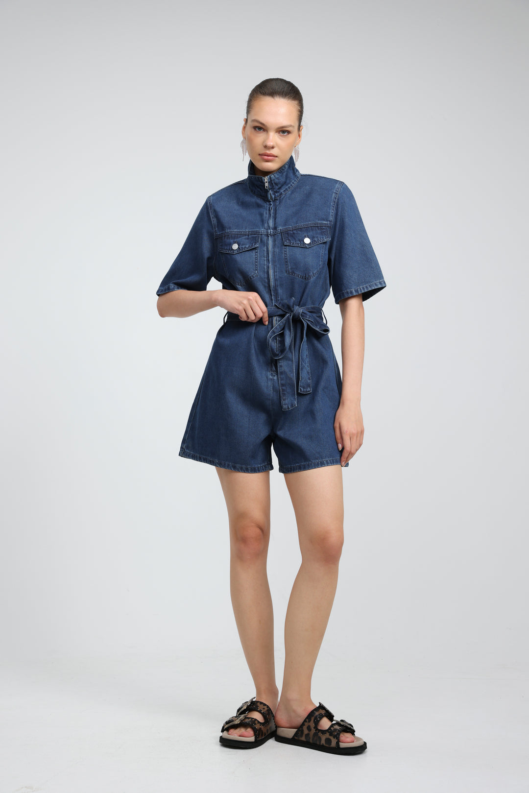 Soft Blue Short Denim Jumpsuit