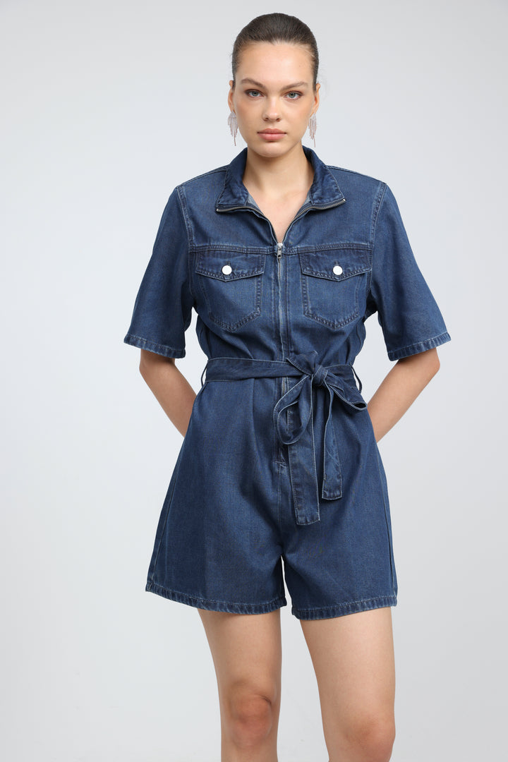 Soft Blue Short Denim Jumpsuit