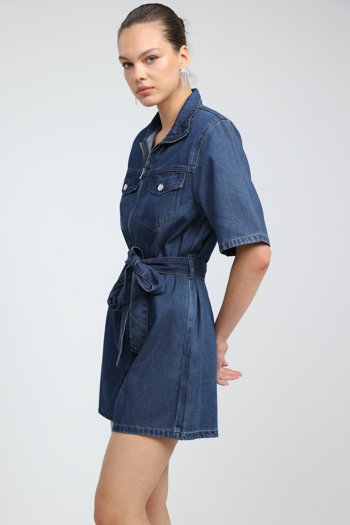 Soft Blue Short Denim Jumpsuit