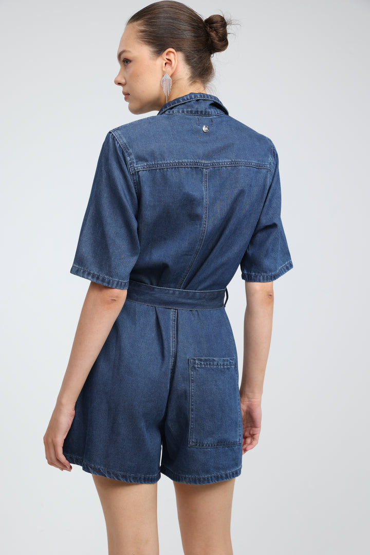 Soft Blue Short Denim Jumpsuit