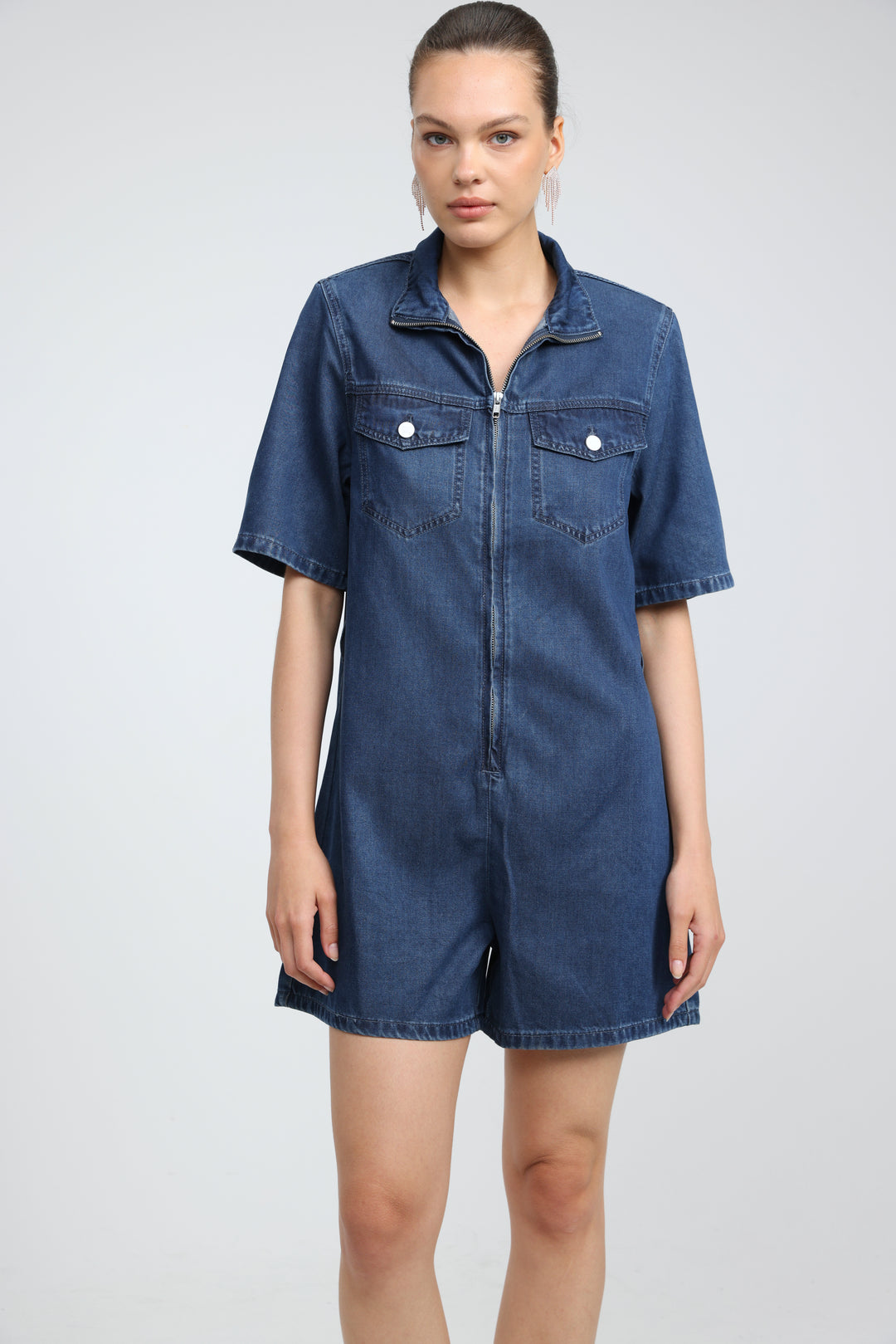 Soft Blue Short Denim Jumpsuit