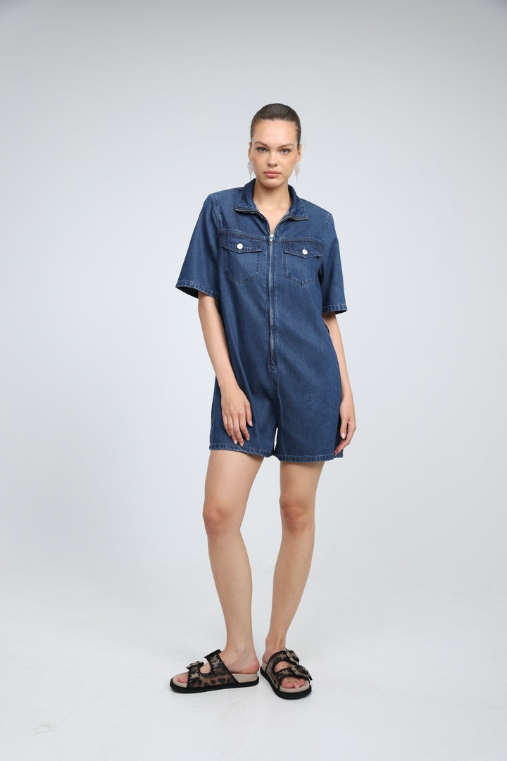 Soft Blue Short Denim Jumpsuit