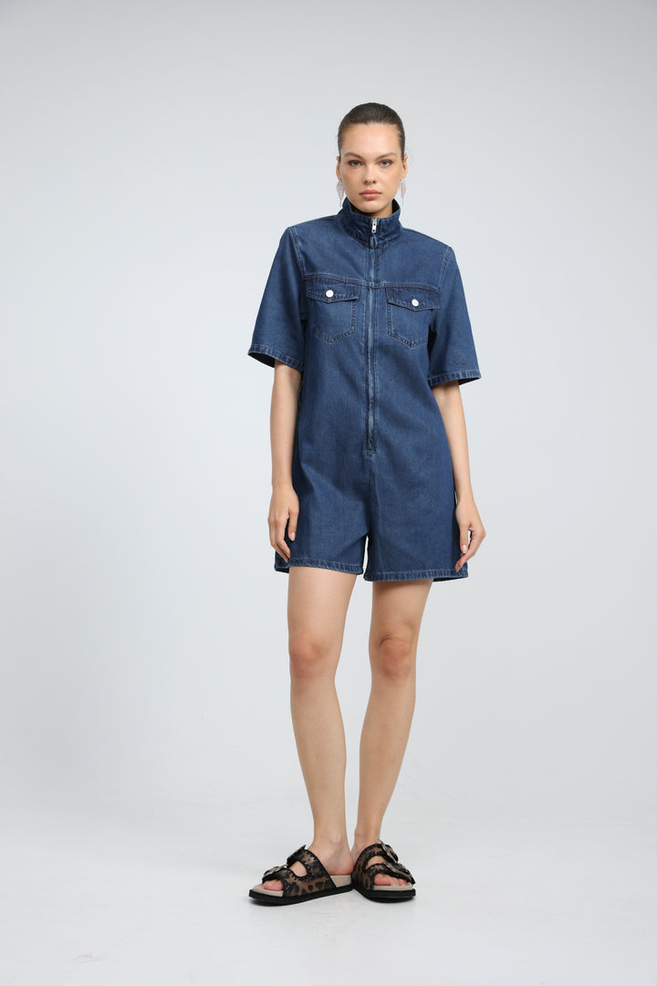 Soft Blue Short Denim Jumpsuit