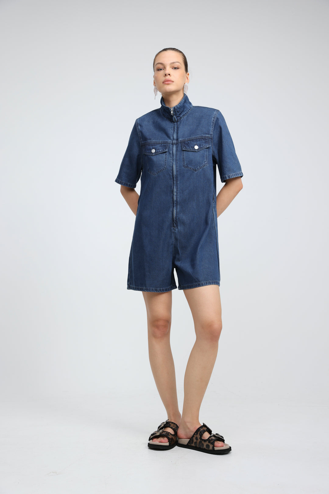 Soft Blue Short Denim Jumpsuit