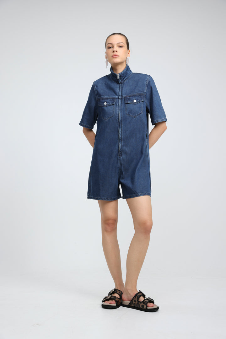 Soft Blue Short Denim Jumpsuit