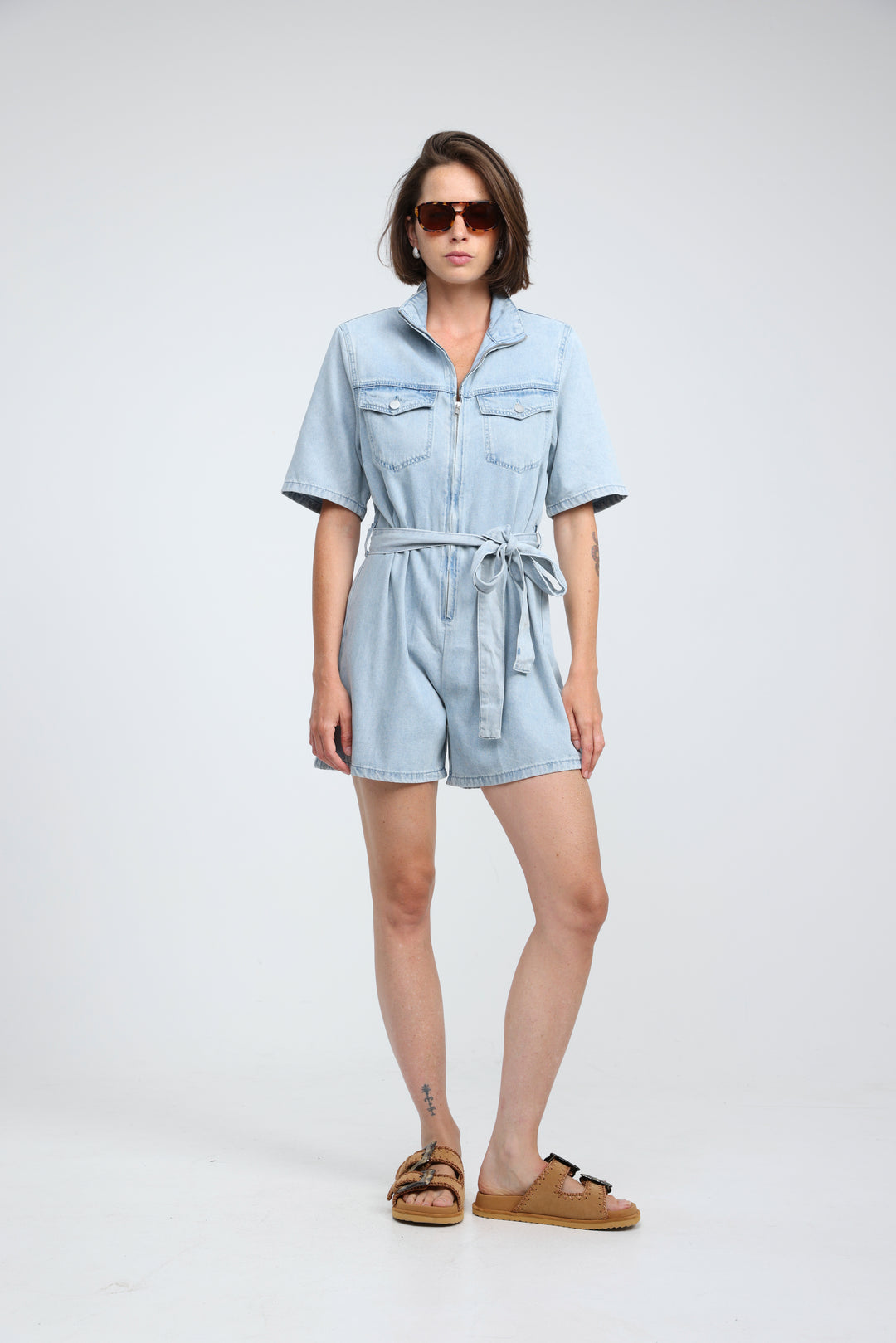 Soft Light Blue Short Denim Jumpsuit