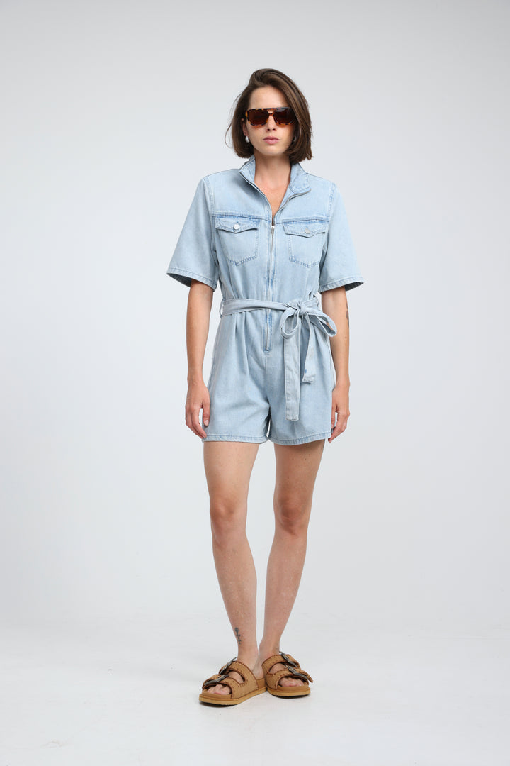 Soft Light Blue Short Denim Jumpsuit