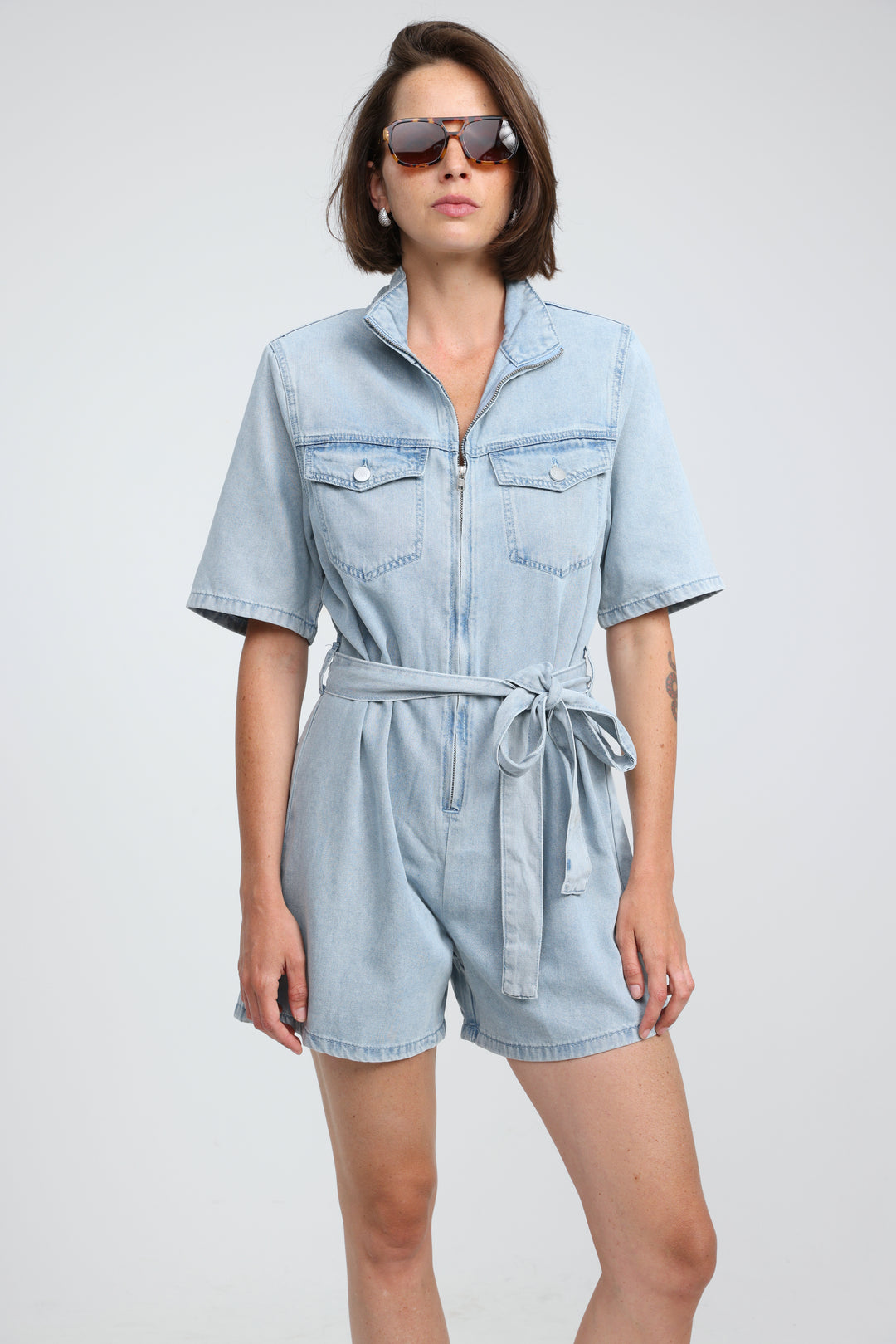 Soft Light Blue Short Denim Jumpsuit