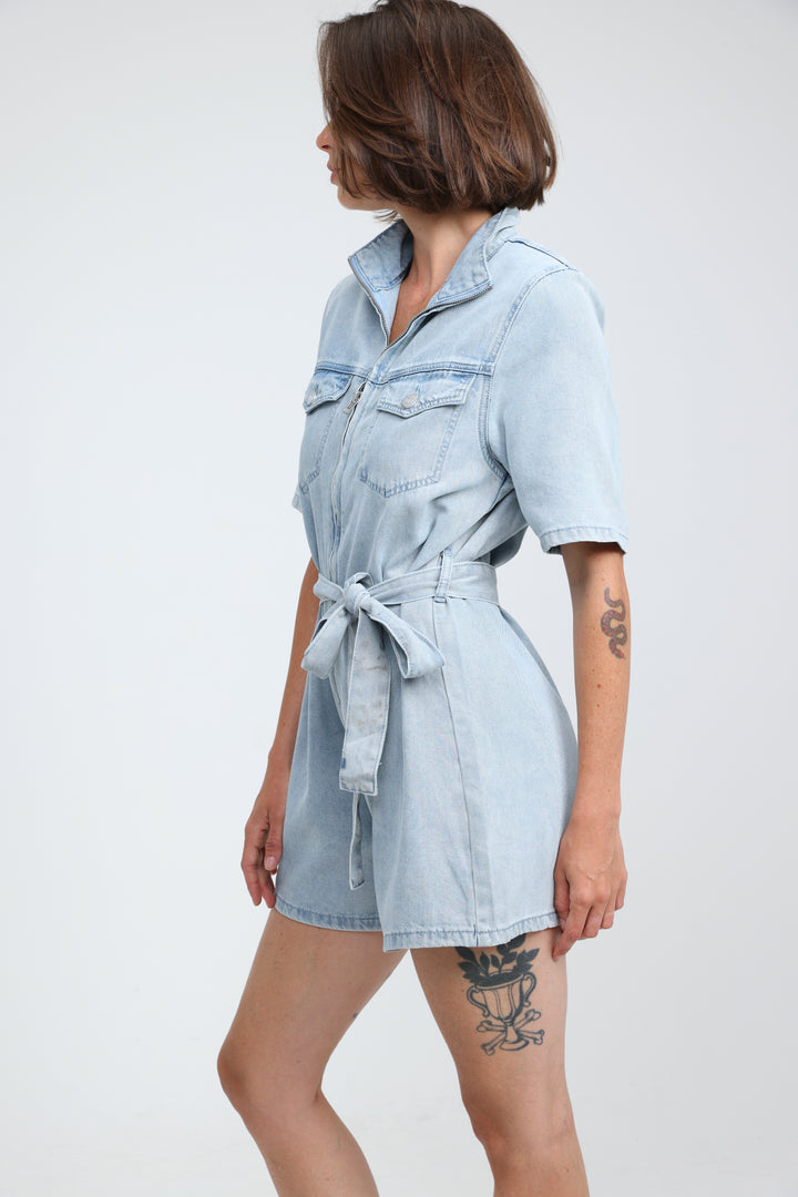 Soft Light Blue Short Denim Jumpsuit