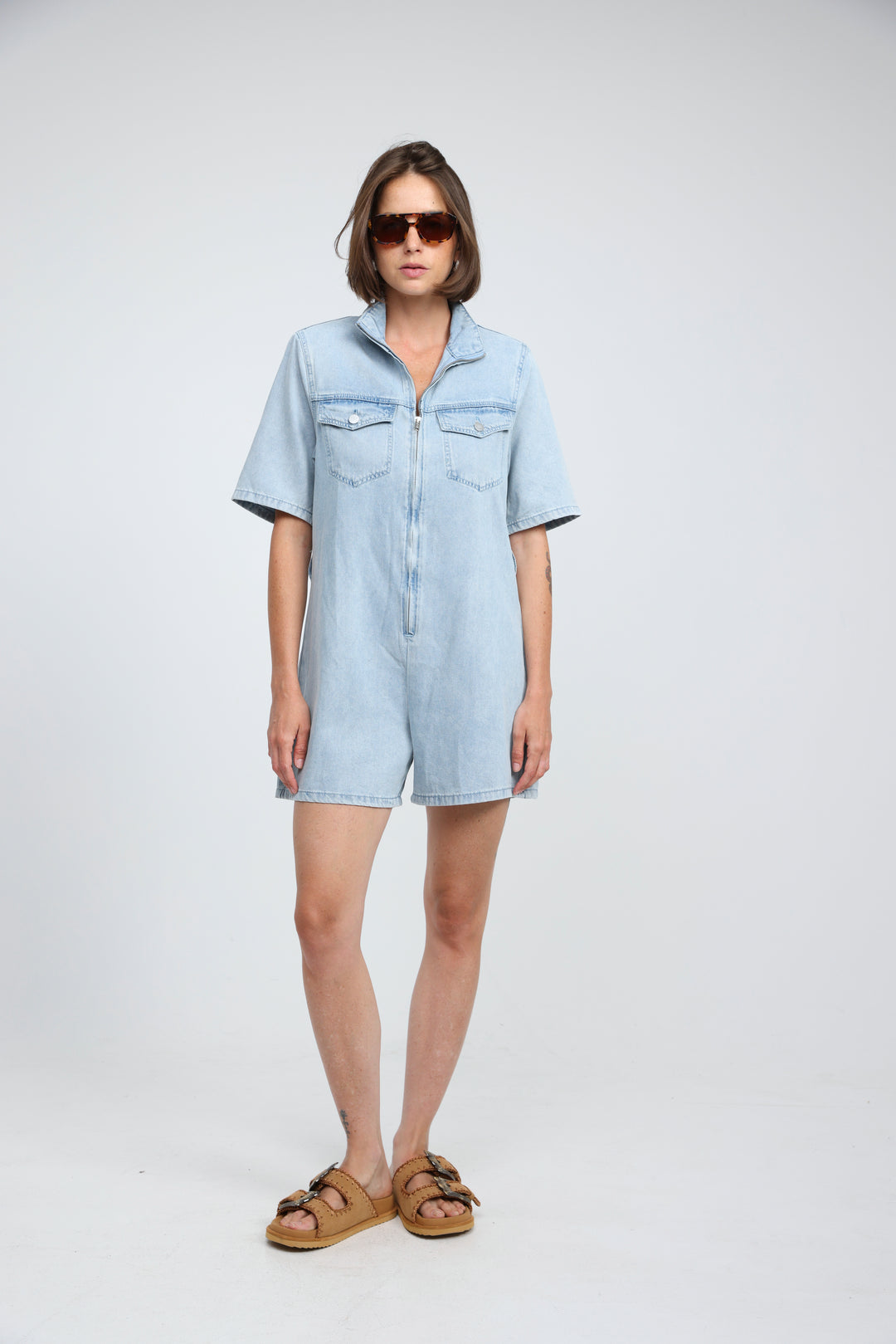 Soft Light Blue Short Denim Jumpsuit