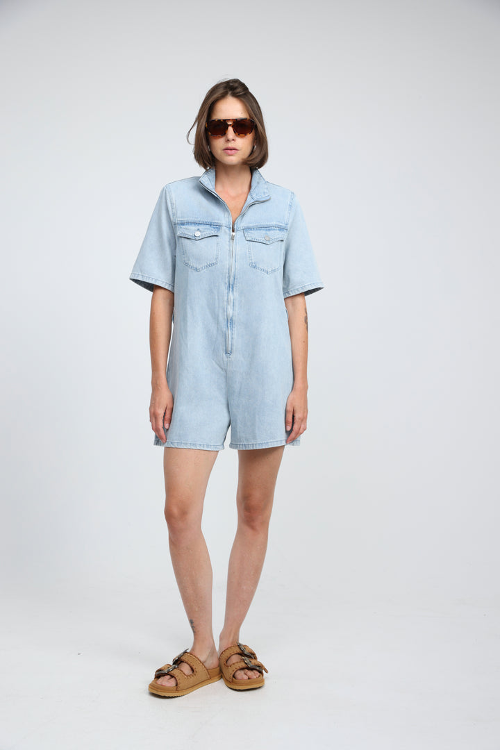 Soft Light Blue Short Denim Jumpsuit