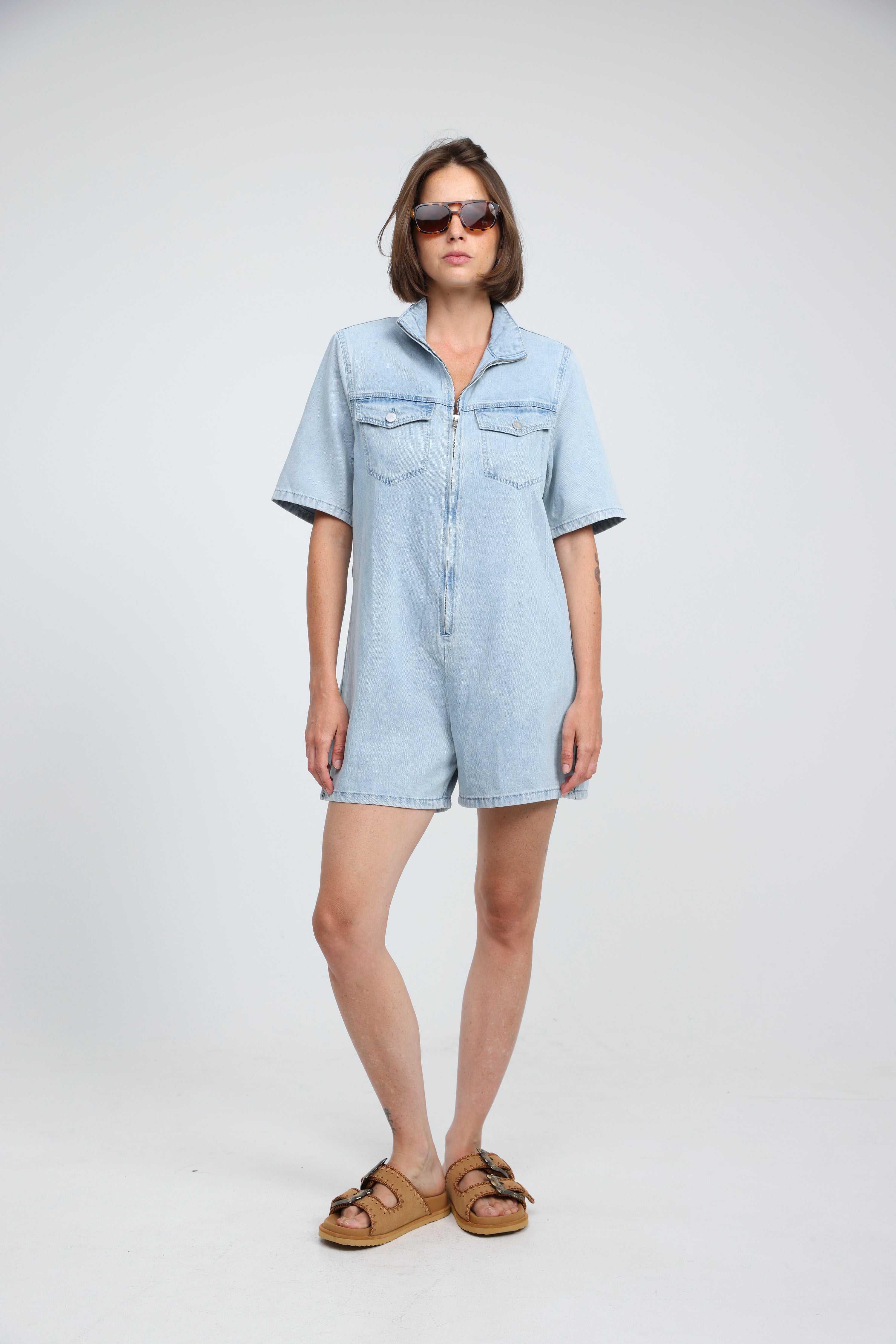 Soft Light Blue Short Denim Jumpsuit – SEESTARZ
