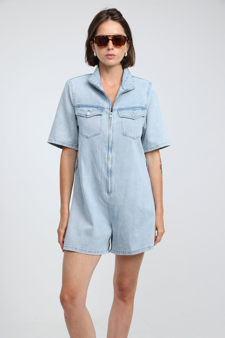 Soft Light Blue Short Denim Jumpsuit
