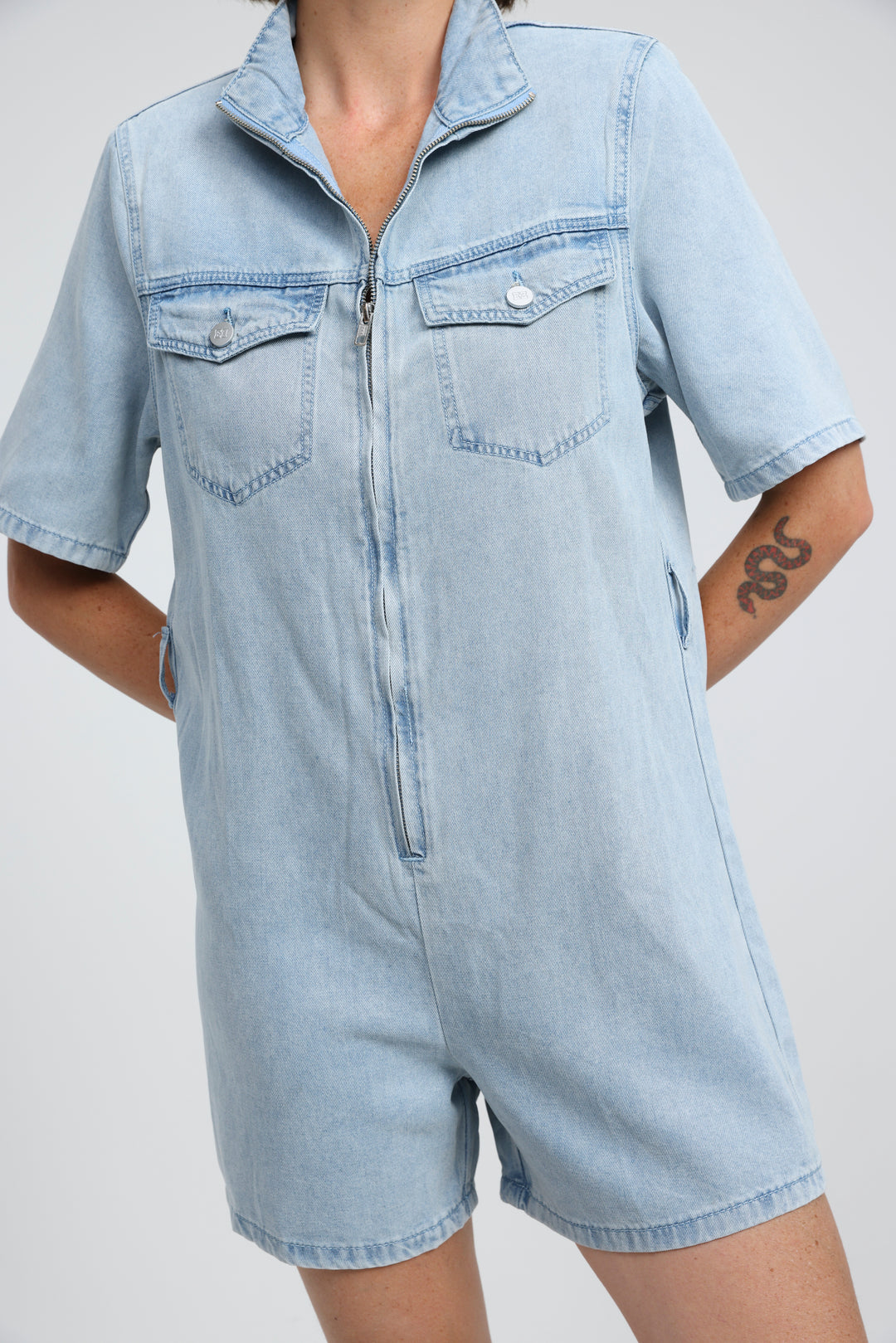 Soft Light Blue Short Denim Jumpsuit