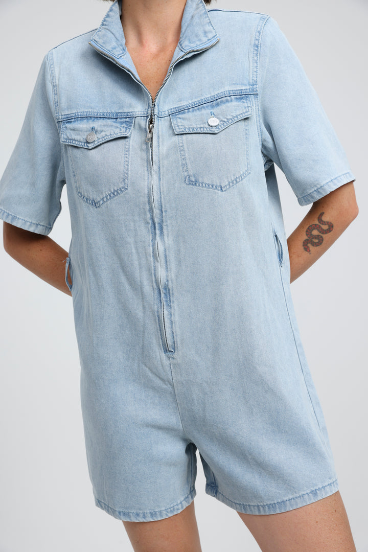 Soft Light Blue Short Denim Jumpsuit