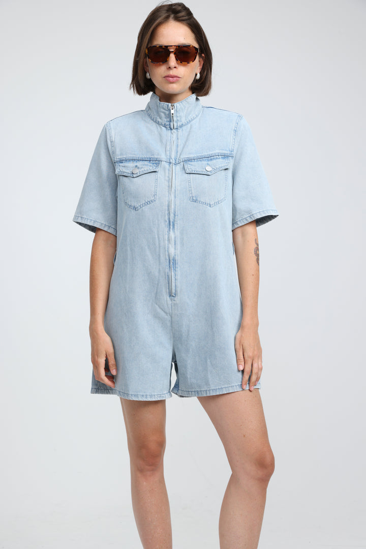 Soft Light Blue Short Denim Jumpsuit