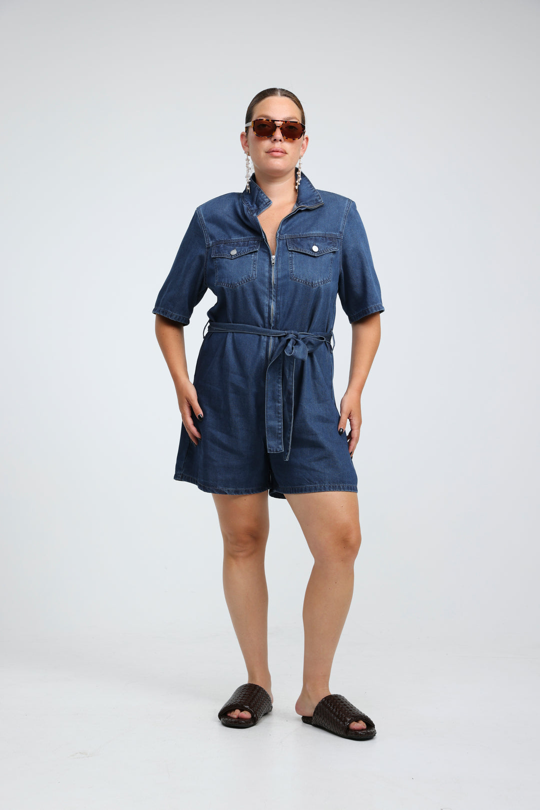 Soft Blue Short Denim Jumpsuit