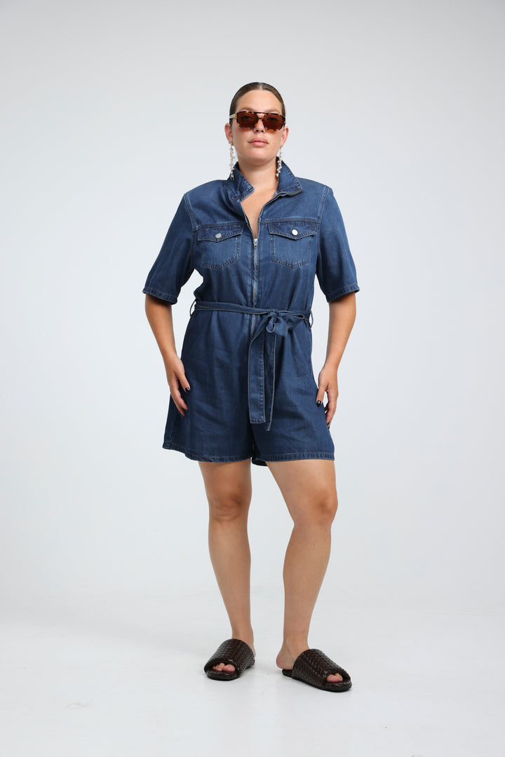 Soft Blue Short Denim Jumpsuit