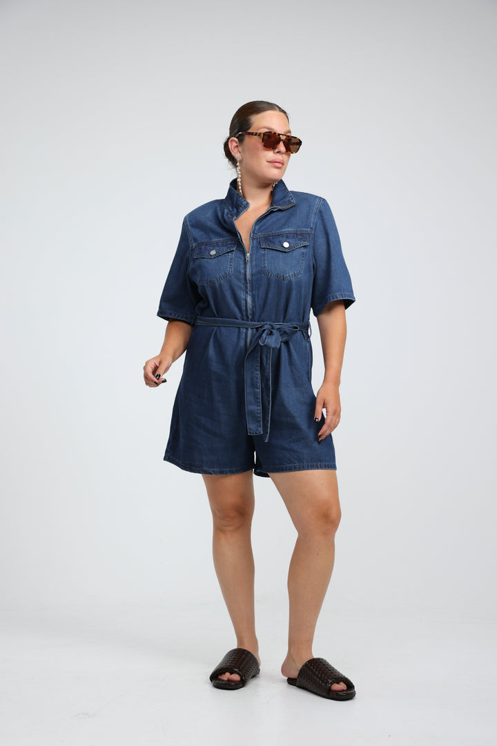 Soft Light Blue Short Denim Jumpsuit