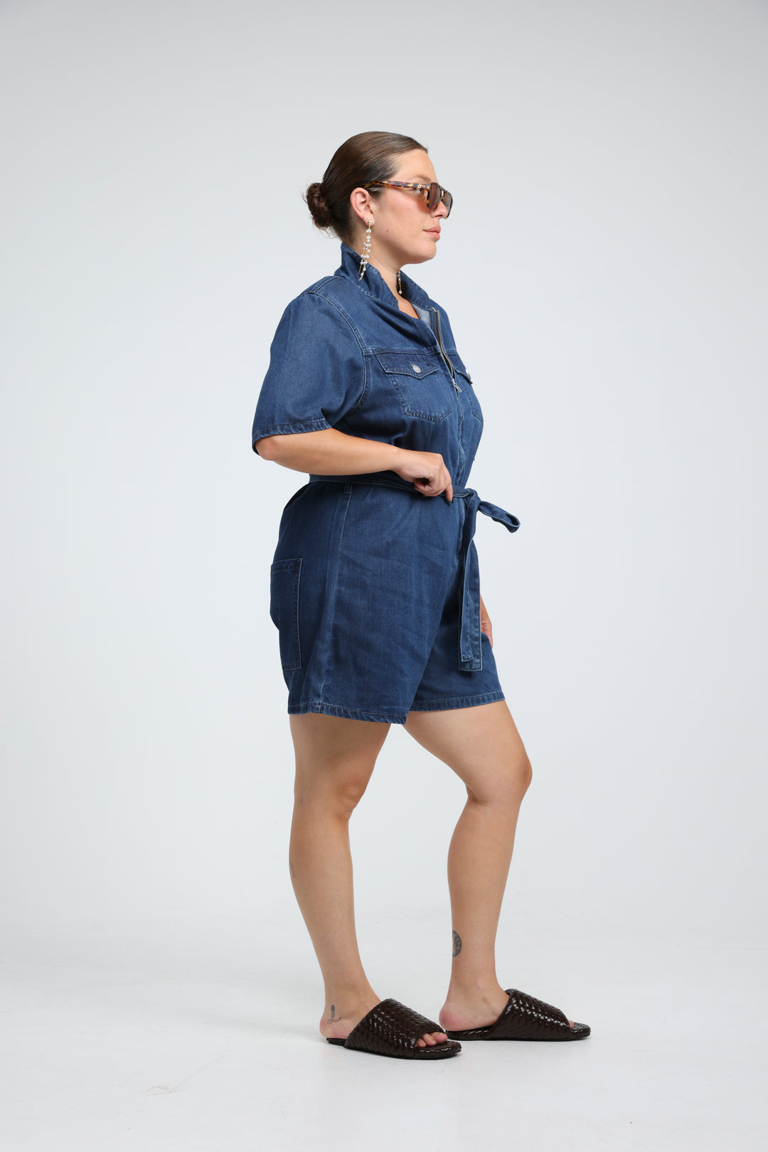 Soft Light Blue Short Denim Jumpsuit