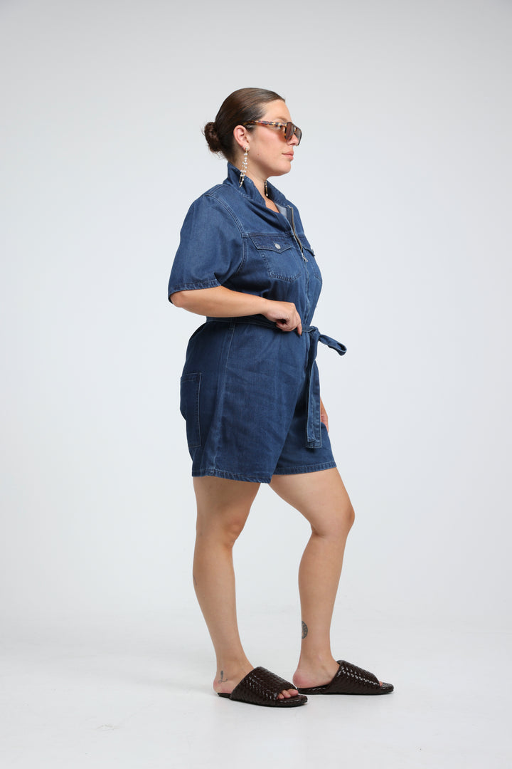 Soft Light Blue Short Denim Jumpsuit