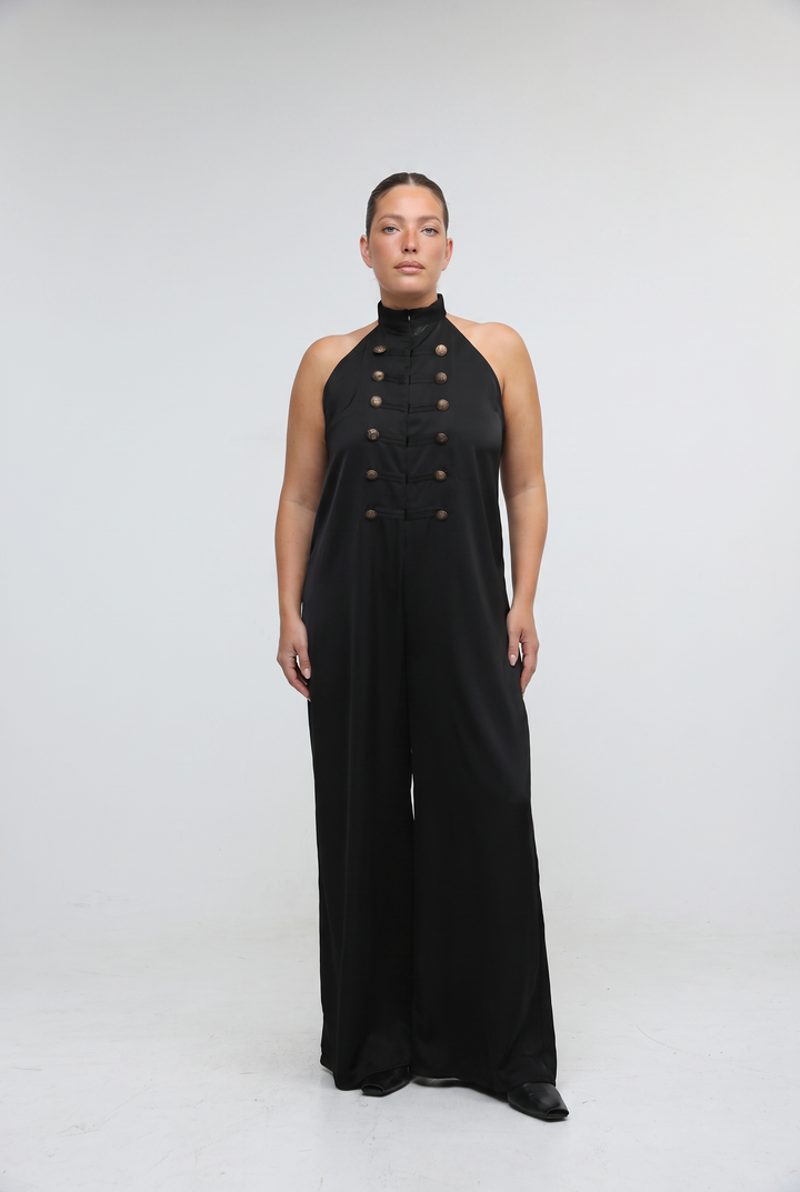 Satin Black Buttoned Halter Jumpsuit