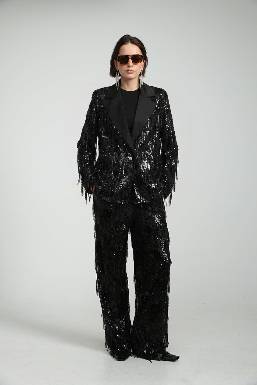 Sequin Fringe Black Blazer