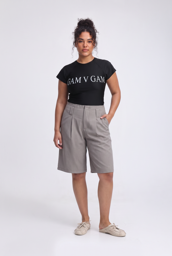 Pleated Tailored Grey Bermuda Shorts