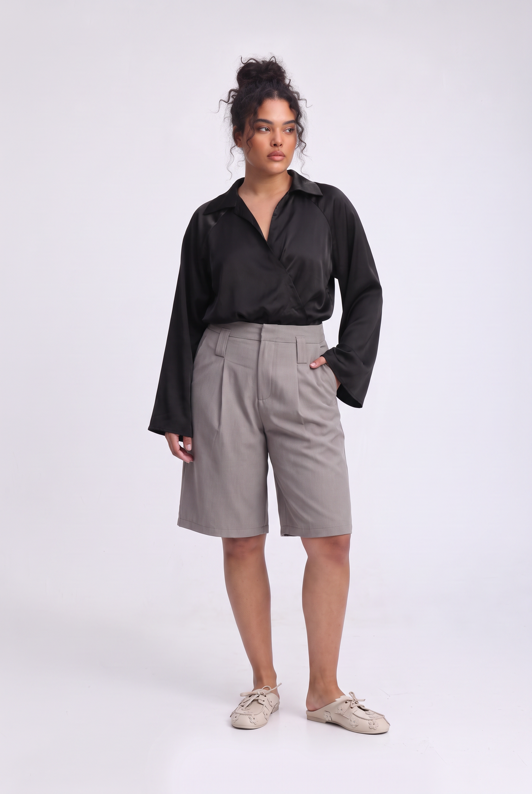 Draped Satin Black Wrap Bodysuit