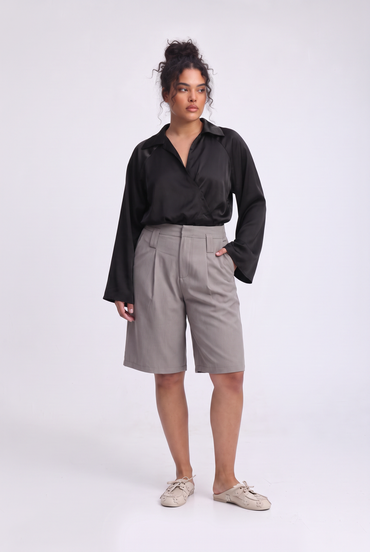 Draped Satin Black Wrap Bodysuit
