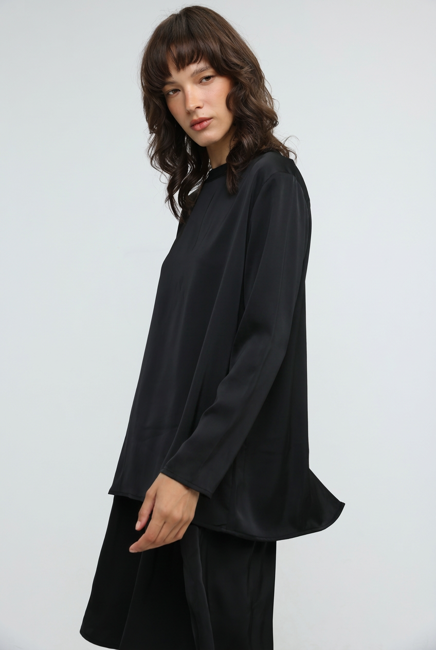 Draped Satin Black Bow Back Shirt