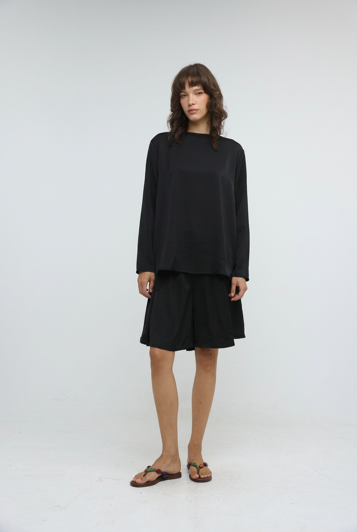 Draped Satin Black Bow Back Shirt