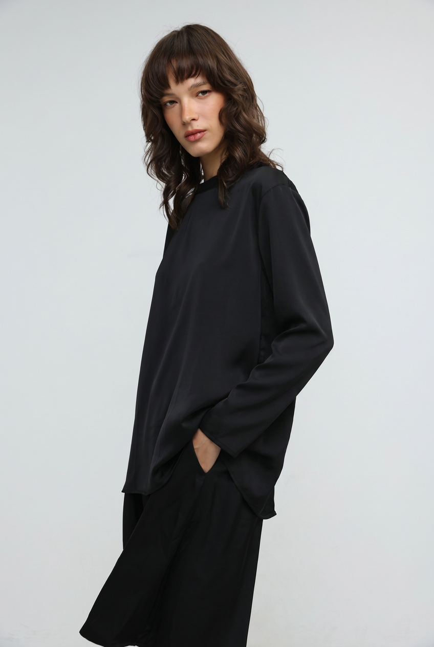 Draped Satin Black Bow Back Shirt