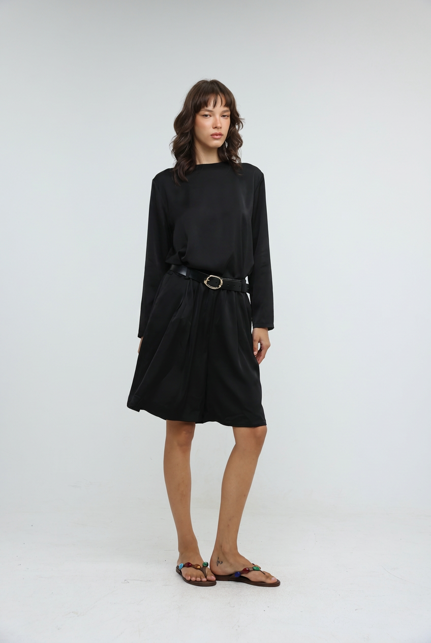 Draped Satin Black Bow Back Shirt