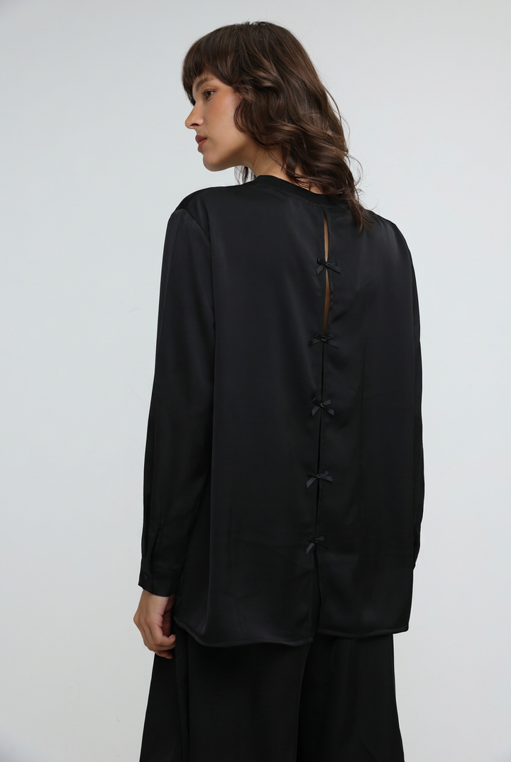 Draped Satin Black Bow Back Shirt