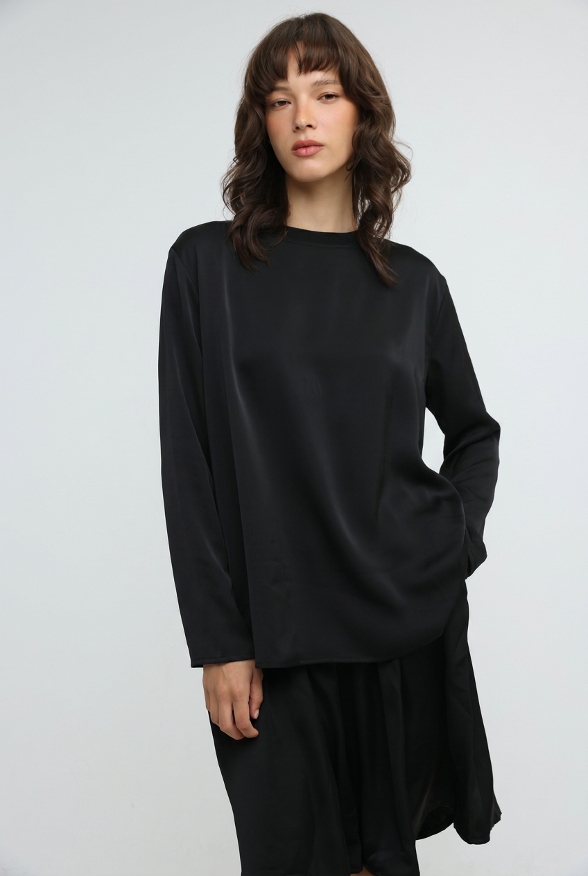 Draped Satin Black Bow Back Shirt