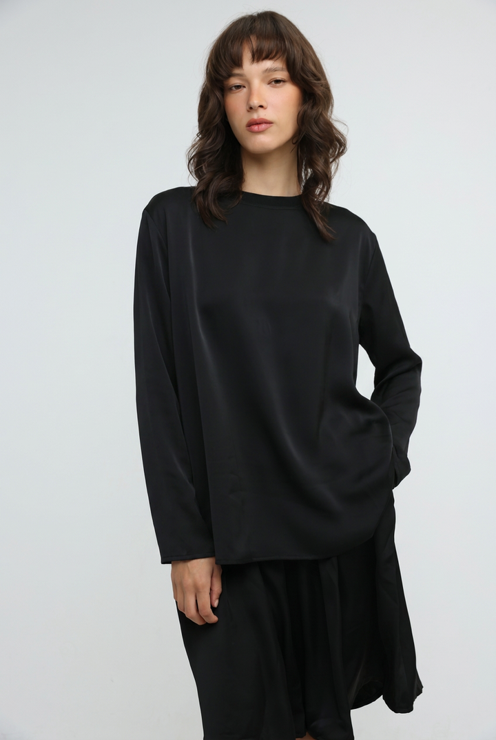 Draped Satin Black Bow Back Shirt