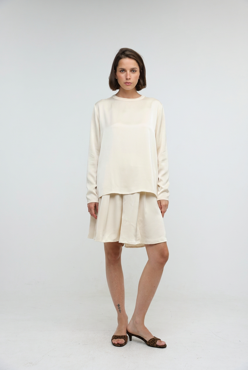 Draped Satin Cream Bow Back Shirt