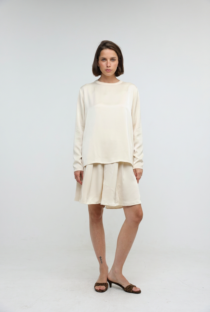 Draped Satin Cream Bow Back Shirt