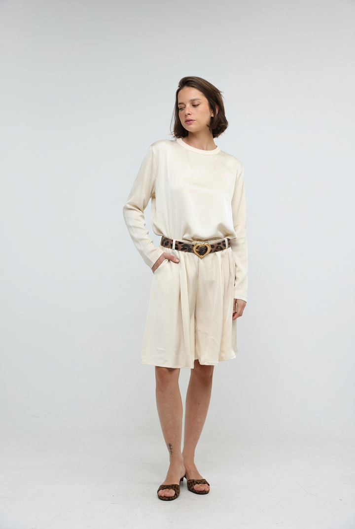Draped Satin Cream Bow Back Shirt