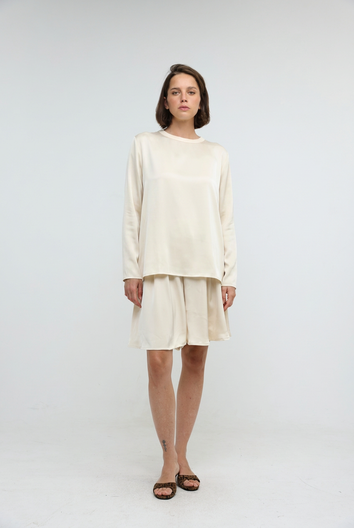 Draped Satin Cream Bow Back Shirt