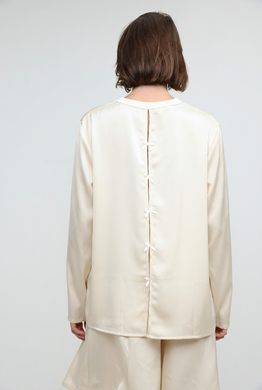 Draped Satin Cream Bow Back Shirt